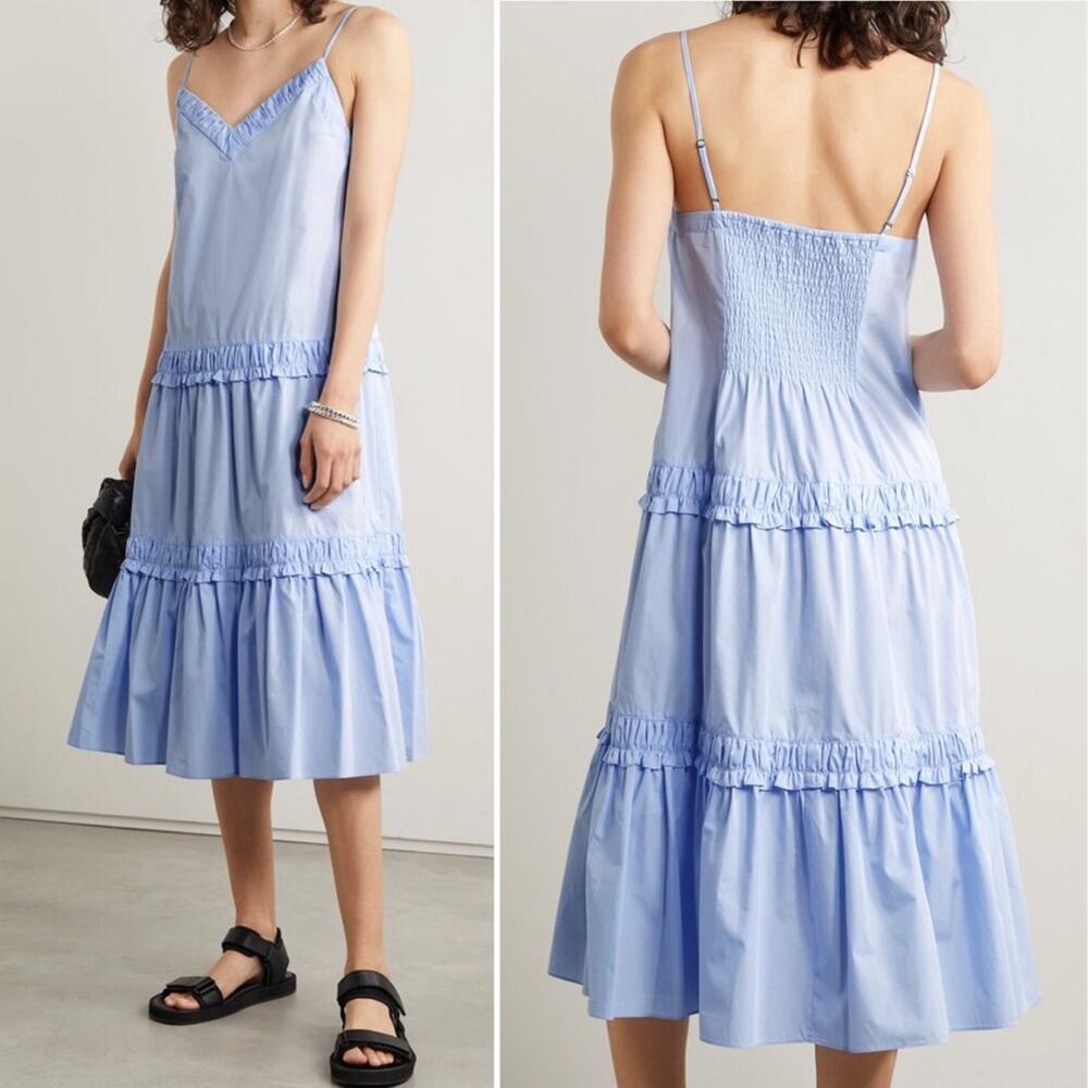 DEREK LAM 10 CROSBY Odile Shirred Tiered Cotton-Poplin Midi Dress Blue 10 NEW